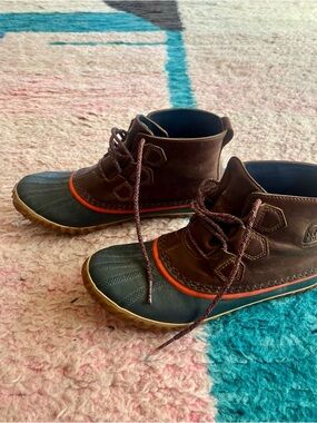 Sorel Brown and Green Lace-Up Duck Boots with Coral Trim